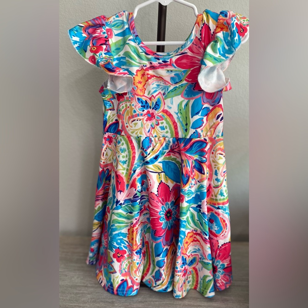 Rylee Faith Designs Toddler Hot Punk Blue Green Orange Floral Pullover Dress 3T